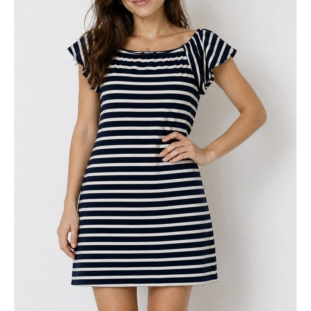 Lauren Ralph Lauren Navy White Striped Cotton Ruffle Sleeve Dress PM